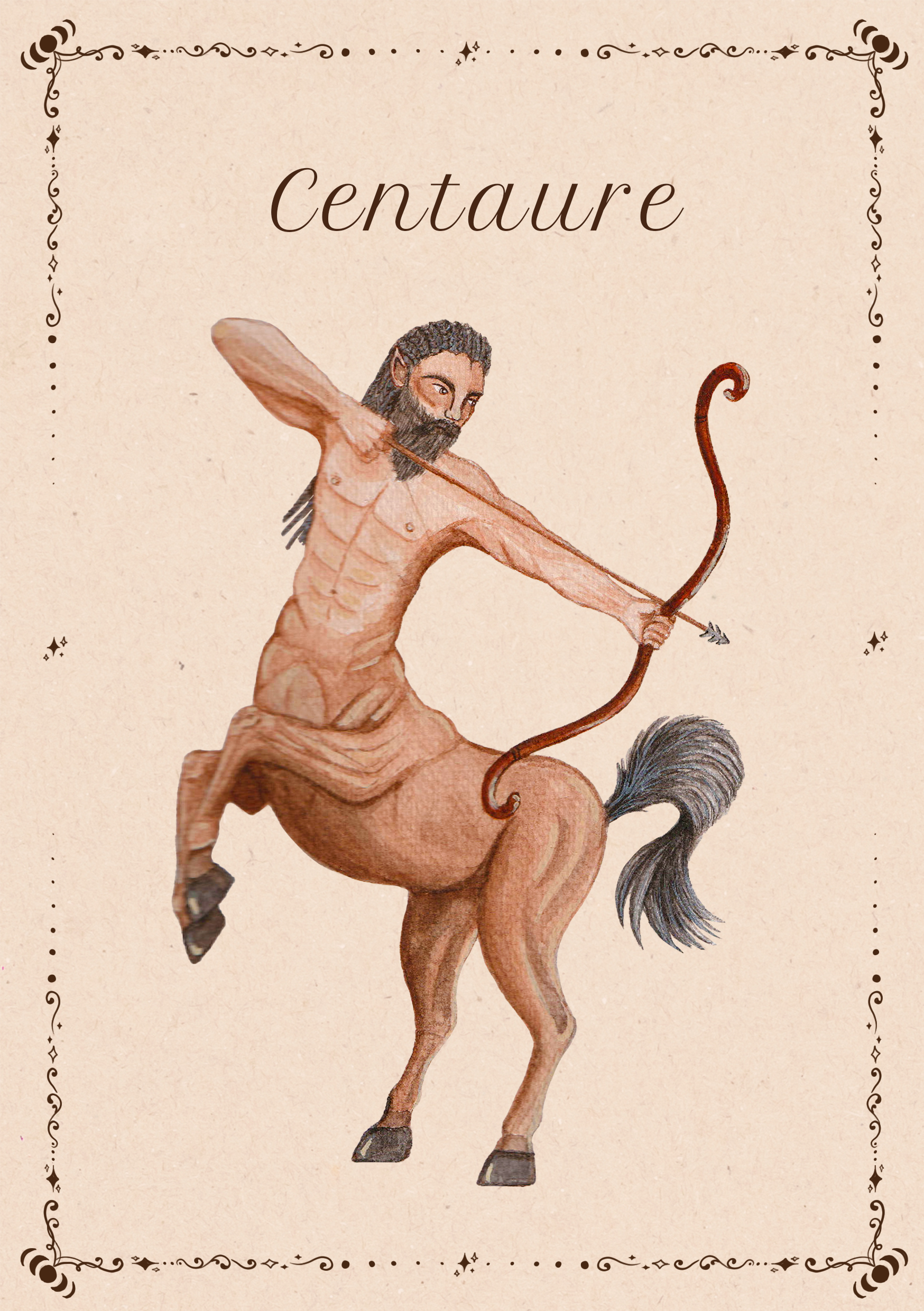 Illustration aquarelle d’un centaure au pelage alezan et à la longue chevelure, debout en posture calme et fière sur fond beige texturé.