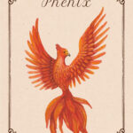 Illustration aquarelle d’un phénix flamboyant aux ailes déployées, dans un mouvement de renaissance et de feu.