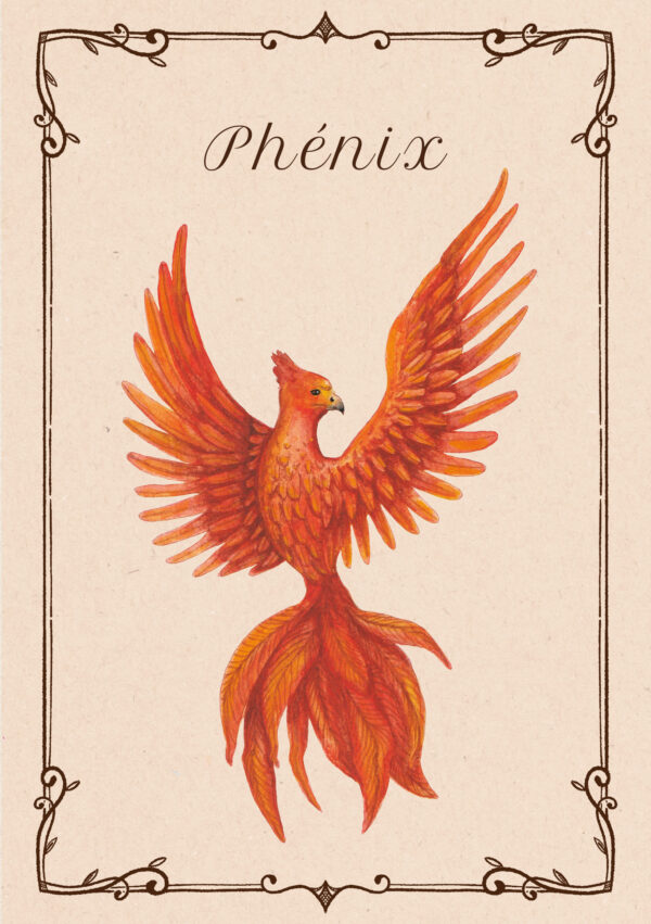 Illustration aquarelle d’un phénix flamboyant aux ailes déployées, dans un mouvement de renaissance et de feu.