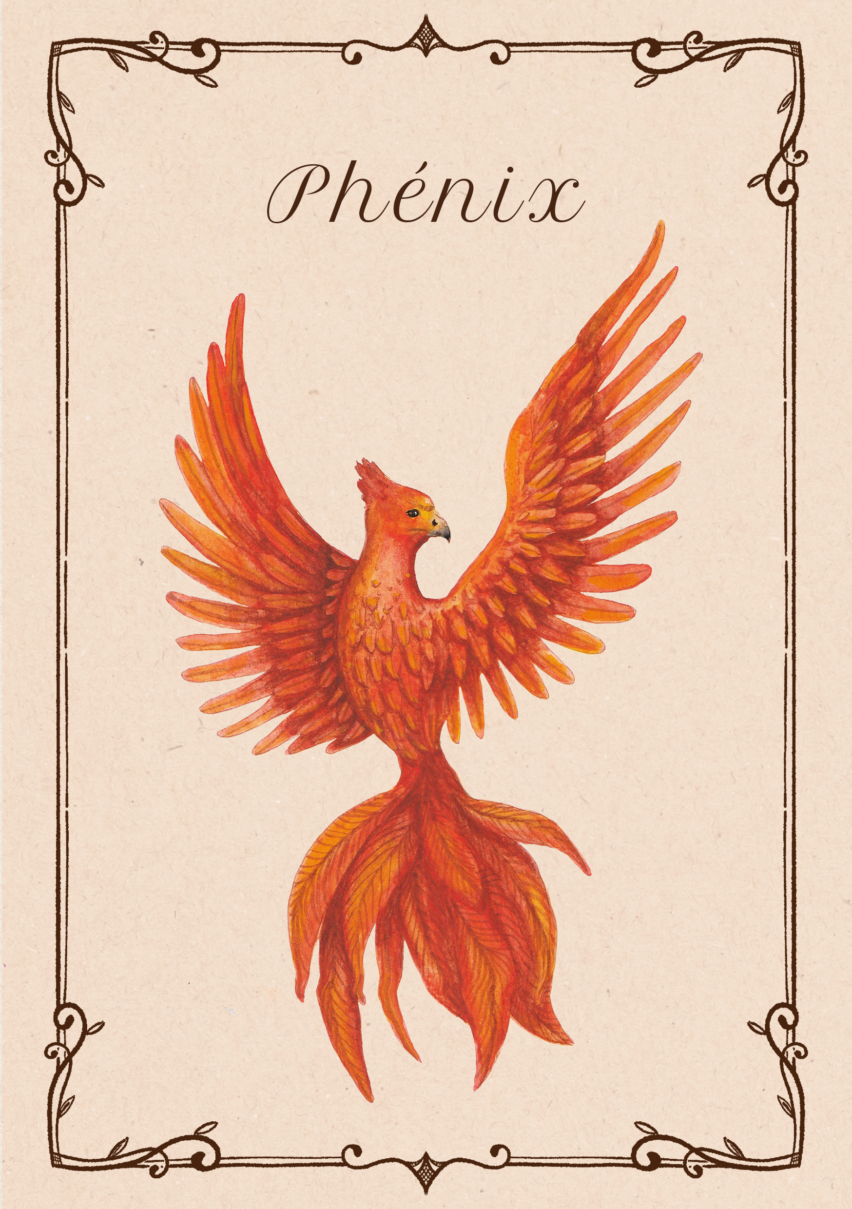 Illustration aquarelle d’un phénix flamboyant aux ailes déployées, dans un mouvement de renaissance et de feu.