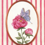 illustration aquarelle Le papillon et la pivoine, scène florale rose avec fond rayé et papillon violet
