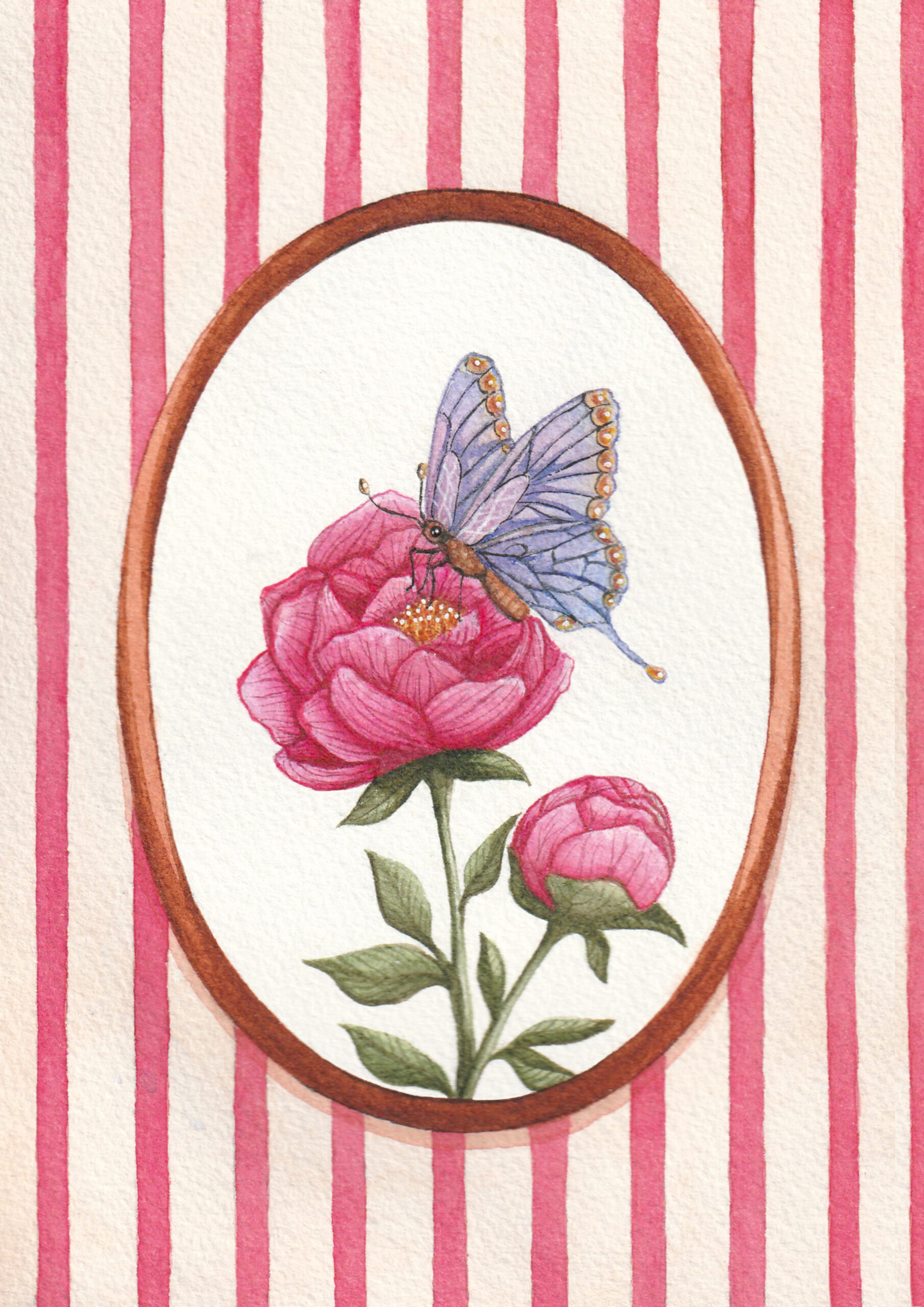 illustration aquarelle Le papillon et la pivoine, scène florale rose avec fond rayé et papillon violet