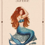 illustration aquarelle sirène rousse assise sur rocher, queue turquoise et cadre vintage