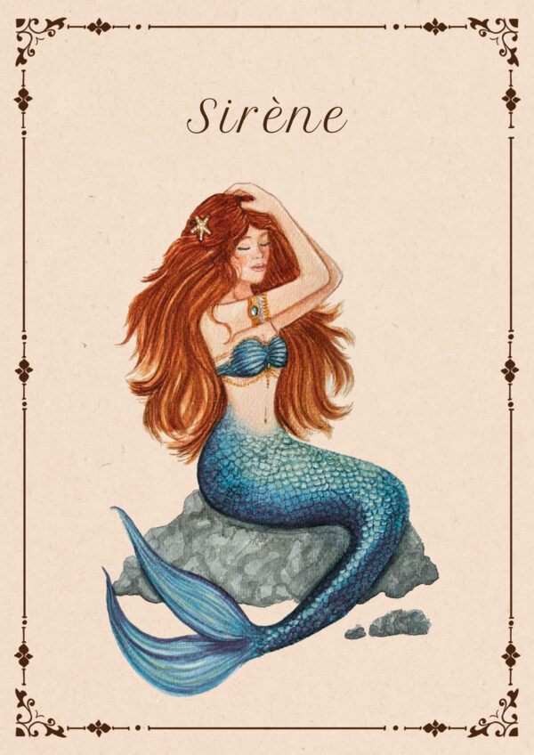 illustration aquarelle sirène rousse assise sur rocher, queue turquoise et cadre vintage