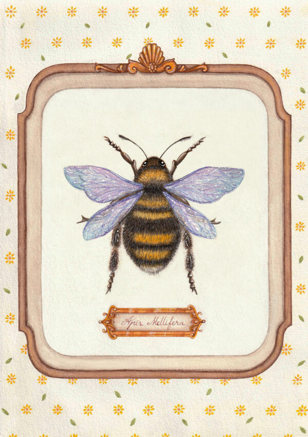 illustration aquarelle abeille Apis mellifera cadre vintage fond floral jaune