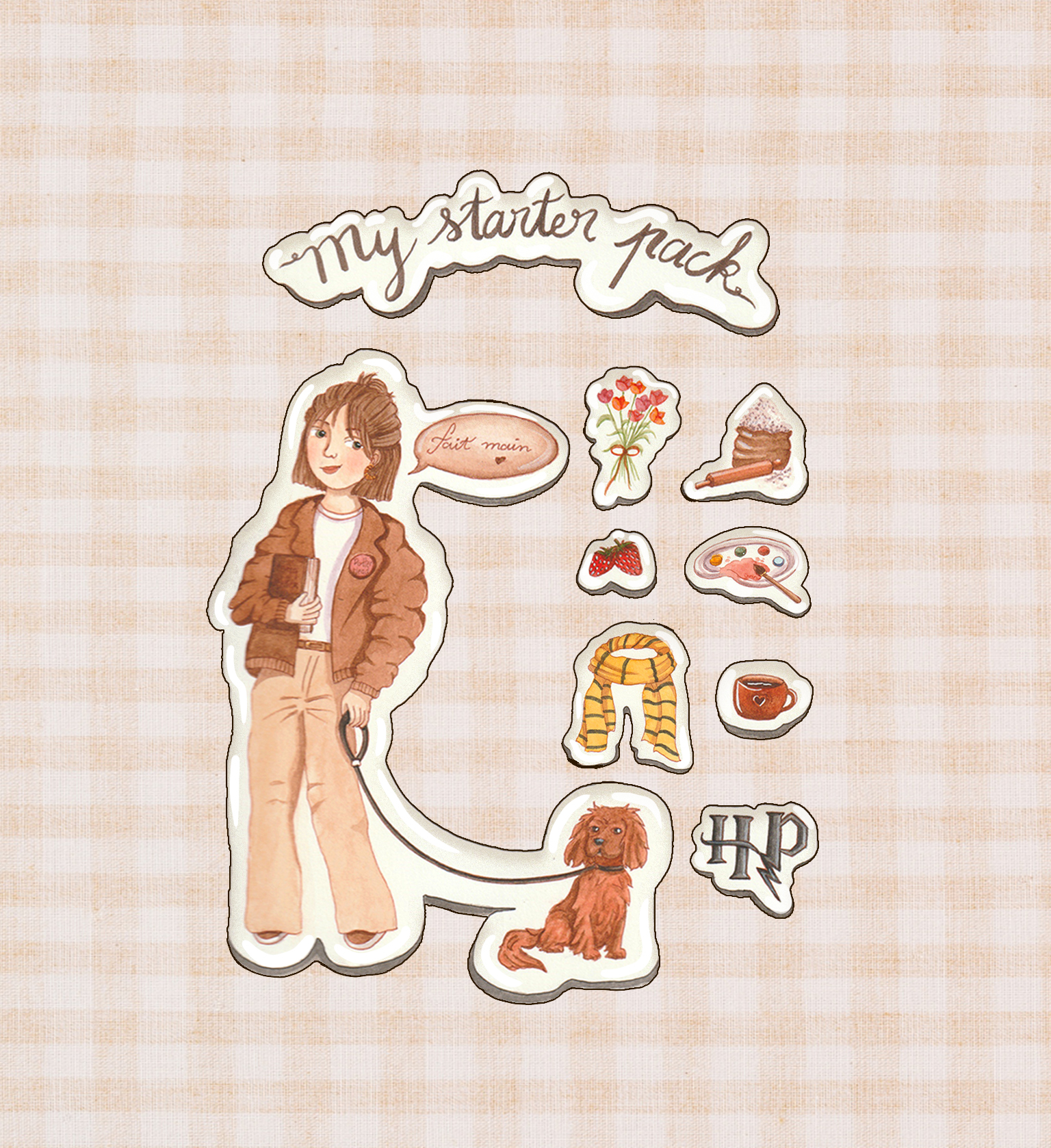 Illustration personnalisée représentant une femme avec son chien, des objets du quotidien et des éléments symboliques peints à l’aquarelle : écharpe, palette, fraises, gâteau, fleurs, livre et logo Harry Potter.