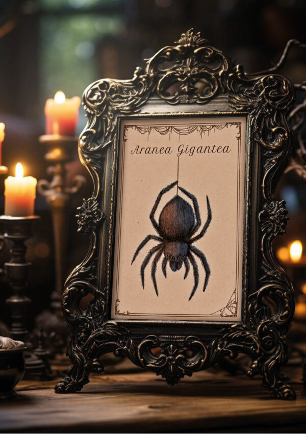 Illustration aquarelle d’une araignée géante fantastique, suspendue à un fil, entourée de motifs de toiles décoratives.