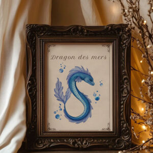 Illustration d’un dragon marin aux teintes bleutées et irisées, entouré de bulles, peint à l’aquarelle.