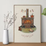Illustration cosy d'une cheminée en fonte décorée de citrouilles, bougies et pâtisseries dans une ambiance automnale.