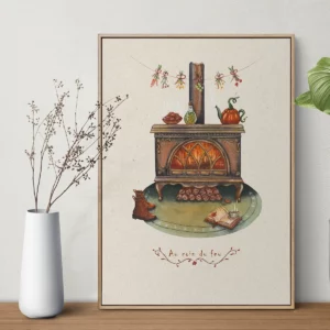 Illustration cosy d'une cheminée en fonte décorée de citrouilles, bougies et pâtisseries dans une ambiance automnale.