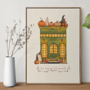 Illustration automnale d'une petite librairie-café verte décorée de citrouilles, guirlandes lumineuses et feuillages.