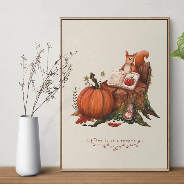Illustration d'automne avec un écureuil roux, une grande citrouille, un livre et des accessoires de saison.