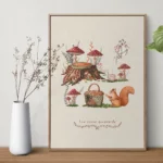 Illustration automnale avec champignons rouges, panier gourmand, tarte et écureuil dans un décor de forêt enchantée.