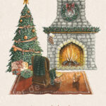 Illustration d’un salon de Noël cosy avec sapin décoré, cheminée en pierre et écureuil jouant avec un fil de laine.