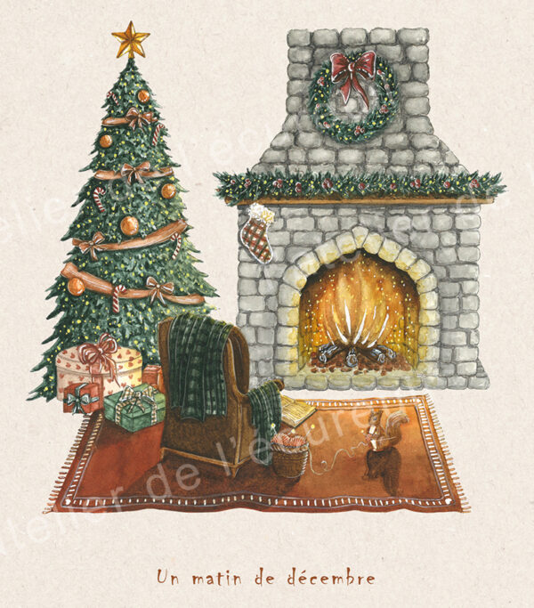 Illustration d’un salon de Noël cosy avec sapin décoré, cheminée en pierre et écureuil jouant avec un fil de laine.