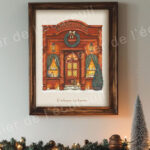 Illustration d’une boutique de sorcellerie vintage décorée pour Noël, devanture rouge, bougies, potions, sapin et petit écureuil dans la neige.