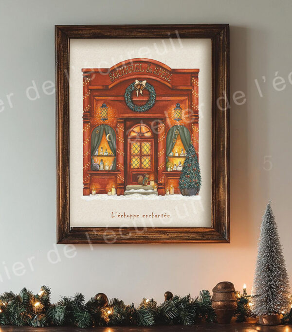 Illustration d’une boutique de sorcellerie vintage décorée pour Noël, devanture rouge, bougies, potions, sapin et petit écureuil dans la neige.