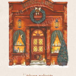 Illustration d’une boutique de sorcellerie vintage décorée pour Noël, devanture rouge, bougies, potions, sapin et petit écureuil dans la neige.