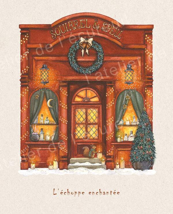 Illustration d’une boutique de sorcellerie vintage décorée pour Noël, devanture rouge, bougies, potions, sapin et petit écureuil dans la neige.