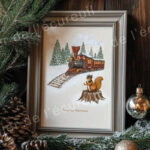 Train de Noël rouge dans un paysage enneigé avec un écureuil sur une souche.