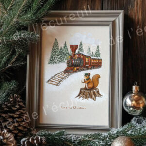 Train de Noël rouge dans un paysage enneigé avec un écureuil sur une souche.