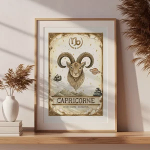 Affiche astrologie Capricorne aquarelle encadrée, illustration zodiacale artisanale