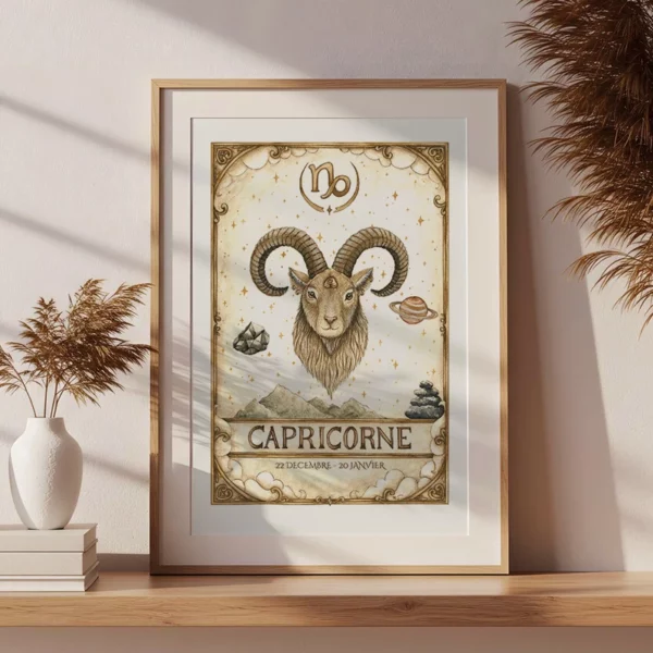 Affiche astrologie Capricorne aquarelle encadrée, illustration zodiacale artisanale