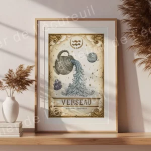 Affiche astrologie Verseau aquarelle encadrée, illustration zodiacale artisanale 21 janvier 19 février