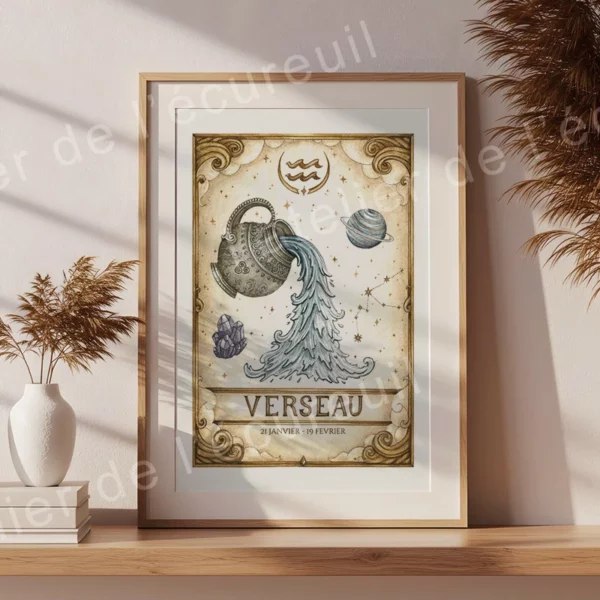 Affiche astrologie Verseau aquarelle encadrée, illustration zodiacale artisanale 21 janvier 19 février