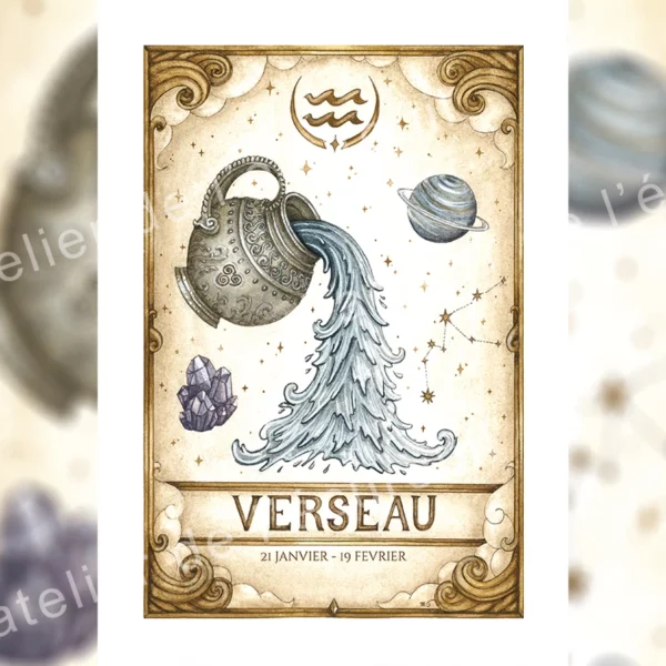 Affiche astrologie Verseau aquarelle, cruche zodiacale constellation Uranus améthyste signe zodiaque 21 janvier 19 février