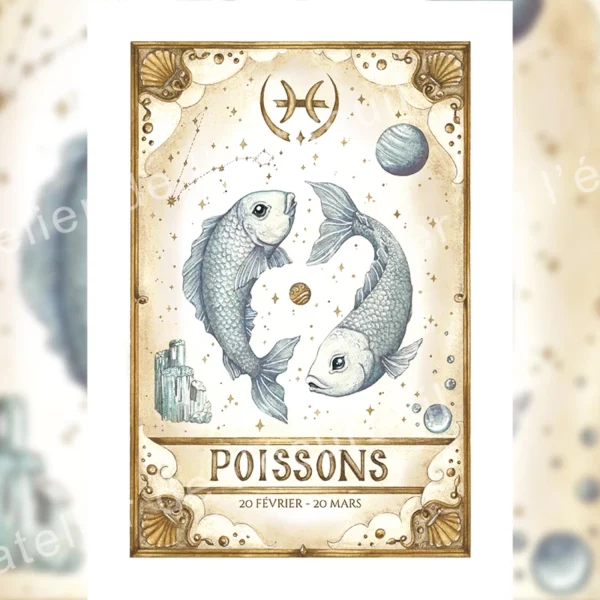 Affiche astrologique Poissons aquarelle, deux poissons entrelacés constellation Neptune aigue-marine zodiaque