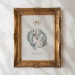 Affiche zodiaque Poissons aquarelle, deux poissons entrelacés symbole astrologique fond épuré