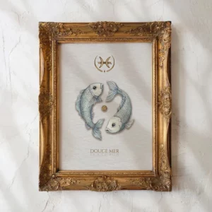 Affiche zodiaque Poissons aquarelle, deux poissons entrelacés symbole astrologique fond épuré