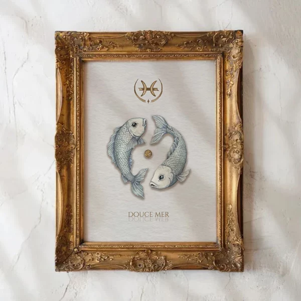 Affiche zodiaque Poissons aquarelle, deux poissons entrelacés symbole astrologique fond épuré