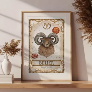 Affiche astrologie Bélier aquarelle encadrée, illustration zodiacale artisanale