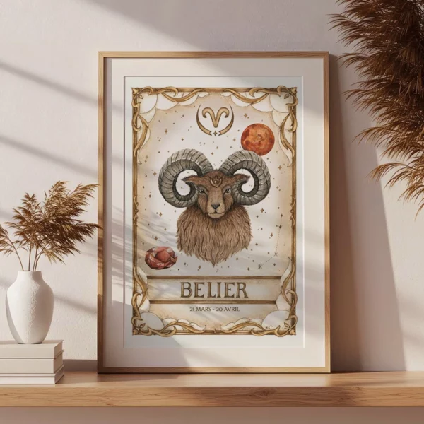 Affiche astrologie Bélier aquarelle encadrée, illustration zodiacale artisanale