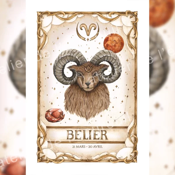 Affiche astrologie Bélier aquarelle, tête de bélier constellation Mars rubis symbole zodiaque 21 mars 20 avril