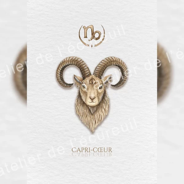 Affiche zodiaque Capricorne aquarelle, tête de bouc cornes symbole astrologique fond épuré