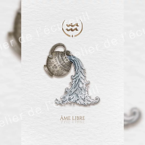 Affiche zodiaque Verseau aquarelle, cruche céleste flot d'eau symbole astrologique fond épuré