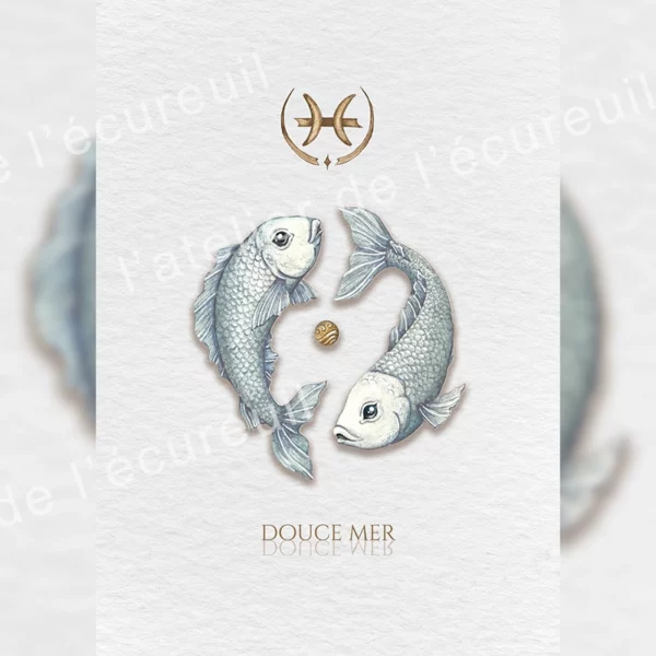 Affiche zodiaque Poissons aquarelle, deux poissons entrelacés symbole astrologique fond épuré