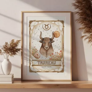 Affiche astrologie Taureau aquarelle encadrée, illustration artisanale