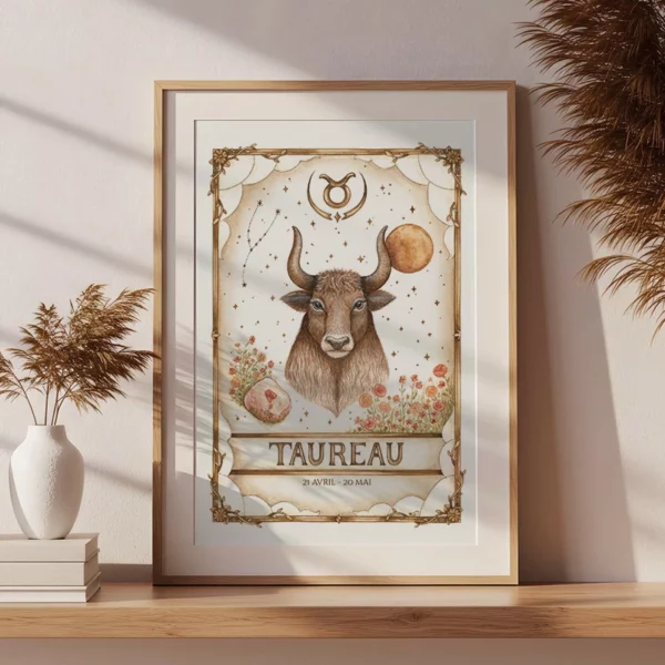 Affiche astrologie Taureau aquarelle encadrée, illustration artisanale