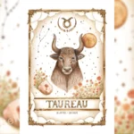 Illustration aquarelle affiche astrologie Taureau avec taureau, quartz rose, fleurs et symbole zodiacal