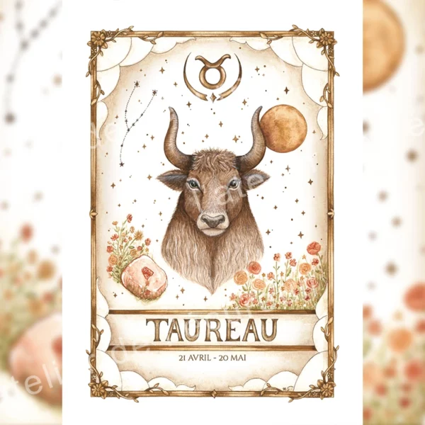 Illustration aquarelle affiche astrologie Taureau avec taureau, quartz rose, fleurs et symbole zodiacal