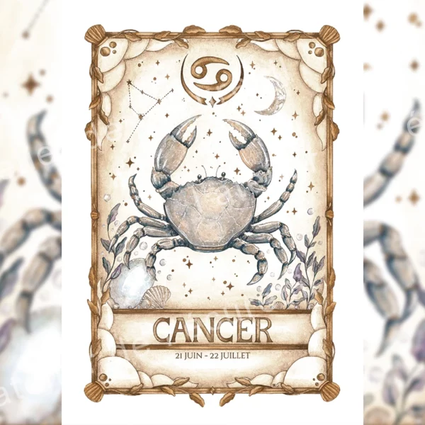 Affiche astrologie Cancer aquarelle, signe zodiaque 21 juin - 22 juillet