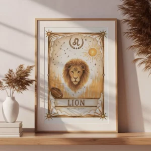 Affiche astrologie Lion encadrée posée sur une étagère en bois, décoration bohème
