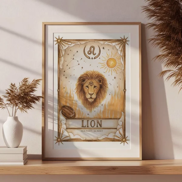 Affiche astrologie Lion encadrée posée sur une étagère en bois, décoration bohème