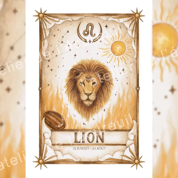 Illustration aquarelle astrologie Lion façon carte de tarot