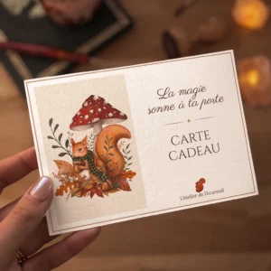 Carte cadeau illustrée à l’aquarelle d’un écureuil roux sous une amanite, tenue en main devant un bureau éclairé à la bougie.