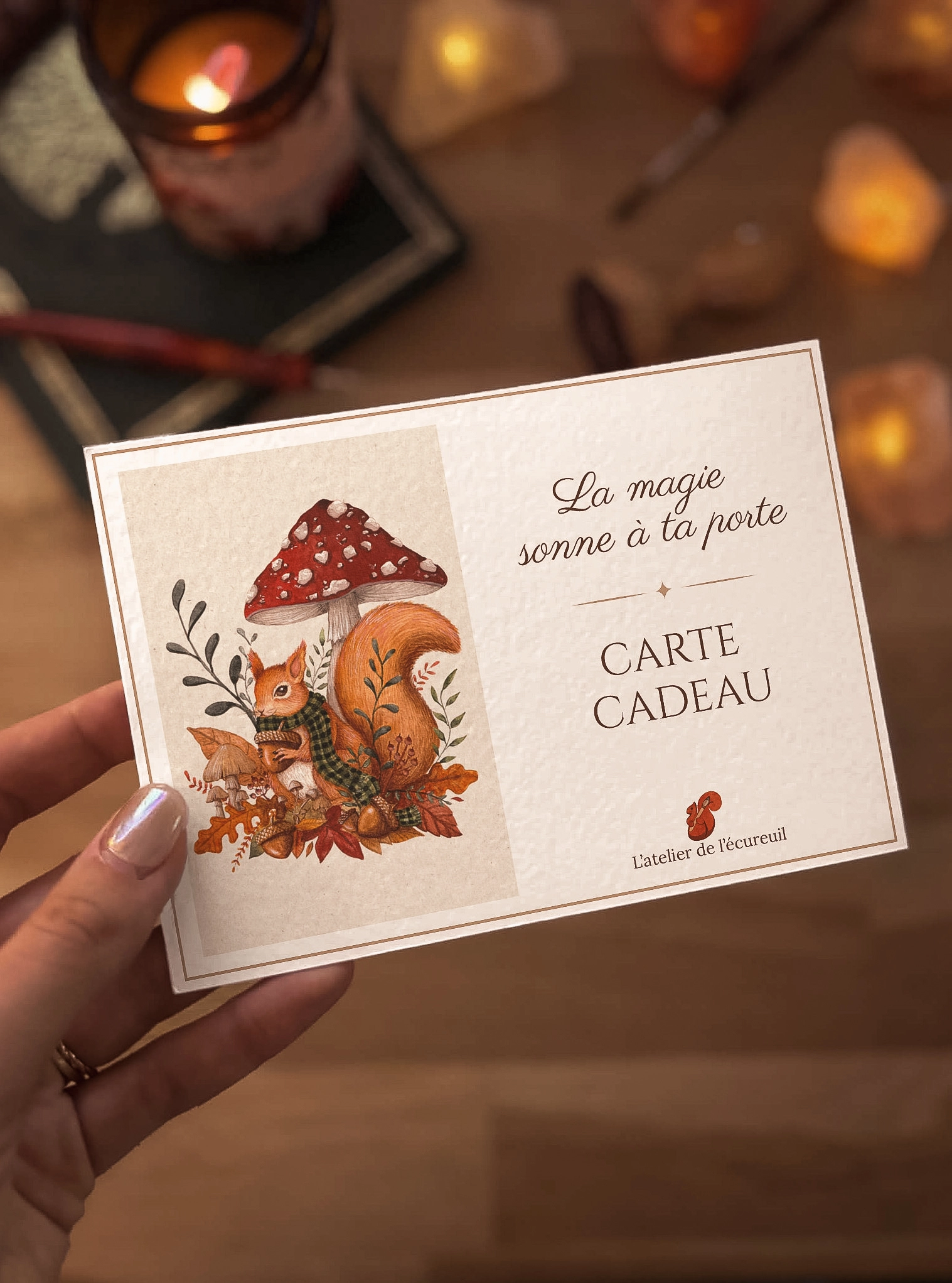 Carte cadeau aquarelle illustrée L'atelier de l'écureuil